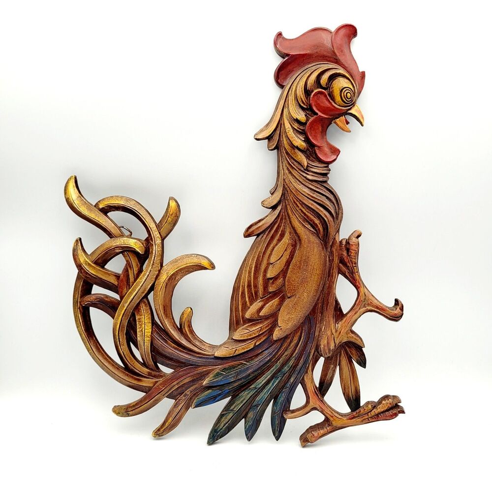 Vintage 1965 Syroco Fighting Rooster Chicken Wall Art Resin Plaque Made in USA